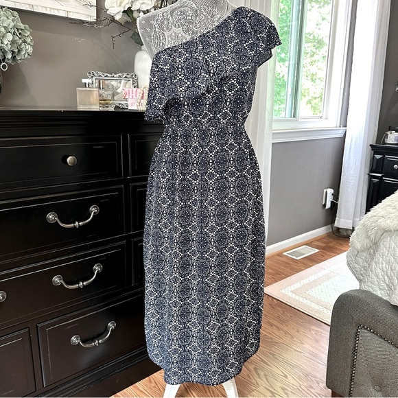 Allison Joy One Shoulder Ruffle Navy White Print Sundress Size M - Picture 2 of 16